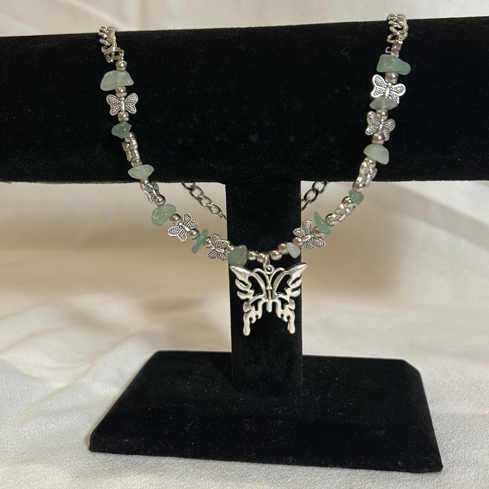 Green stone and butterfly necklace